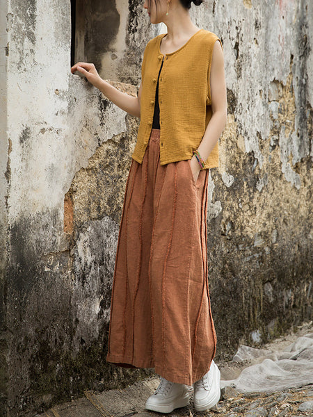 Wide-leg Ramie Summer Women Pants Raw-edge Worn FashionChic