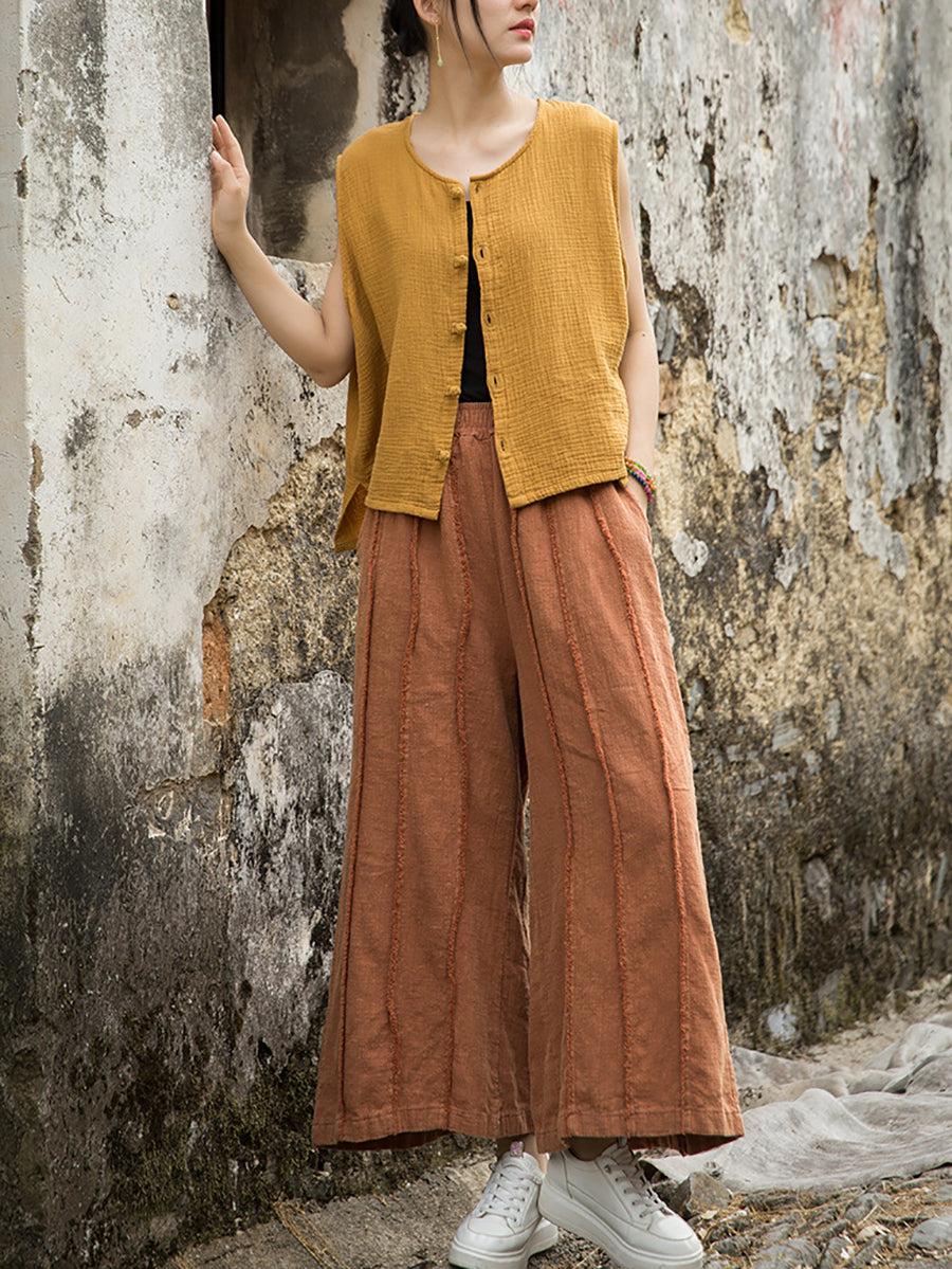 Wide-leg Ramie Summer Women Pants Raw-edge Worn FashionChic