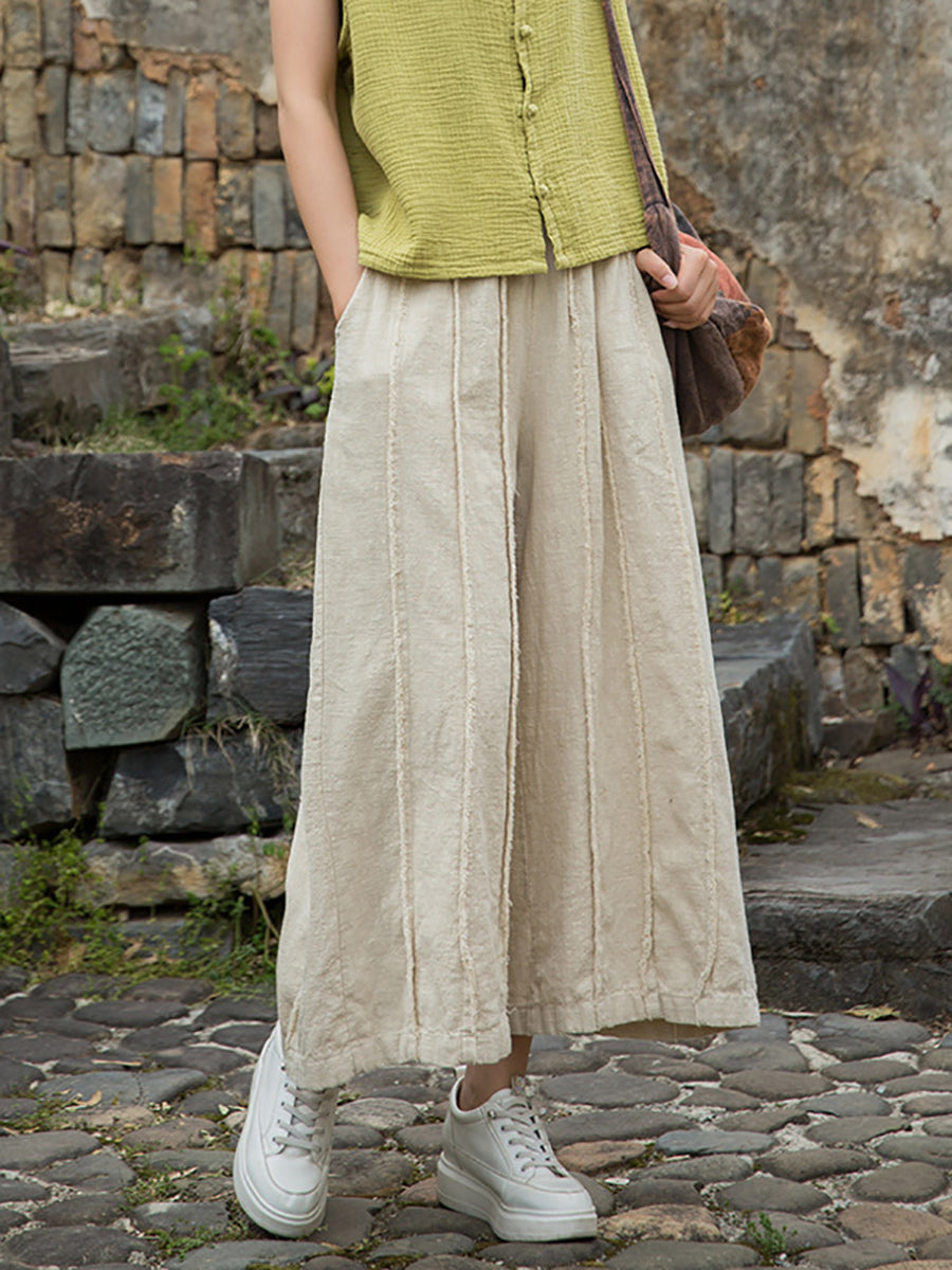 Wide-leg Ramie Summer Women Pants Raw-edge Worn FashionChic