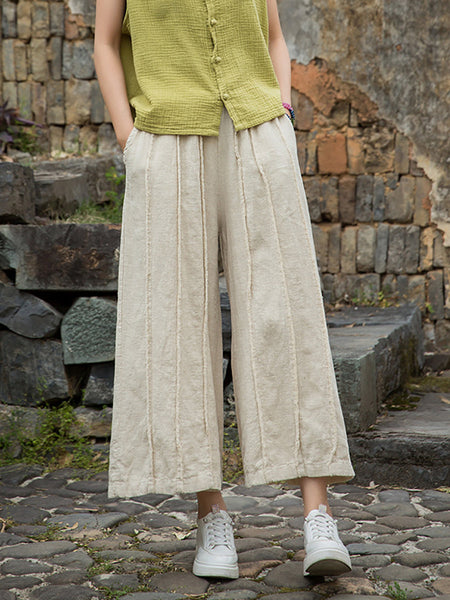 Wide-leg Ramie Summer Women Pants Raw-edge Worn FashionChic