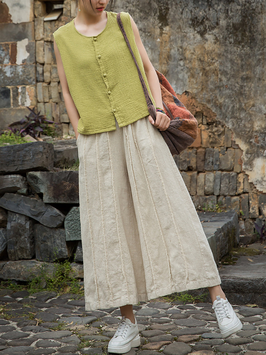 Wide-leg Ramie Summer Women Pants Raw-edge Worn FashionChic