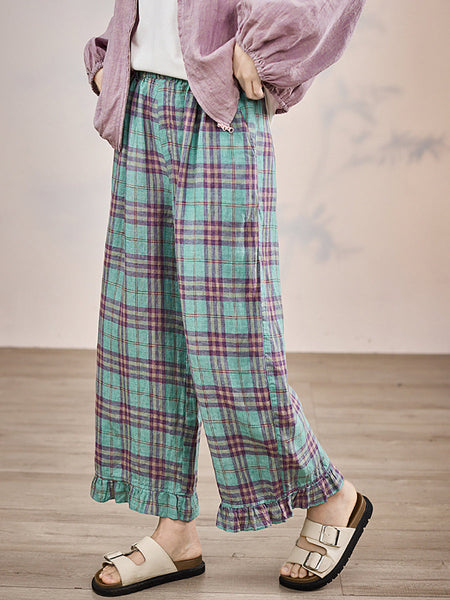 Artsy Pants Straight Women Summer Plaid 100%Linen FashionChic