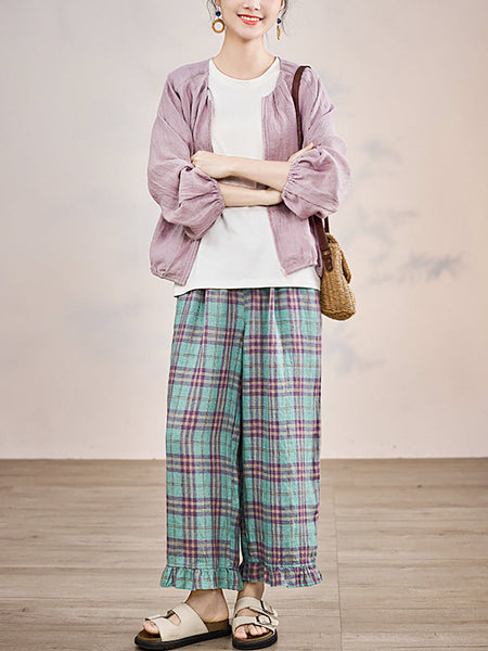 Artsy Pants Straight Women Summer Plaid 100%Linen FashionChic