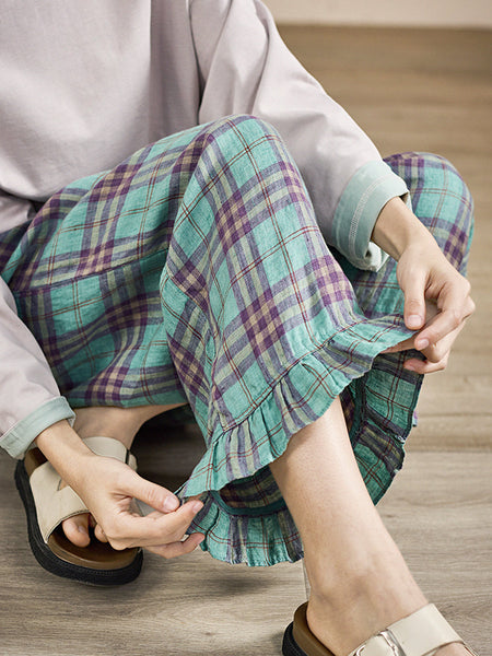 Artsy Pants Straight Women Summer Plaid 100%Linen FashionChic