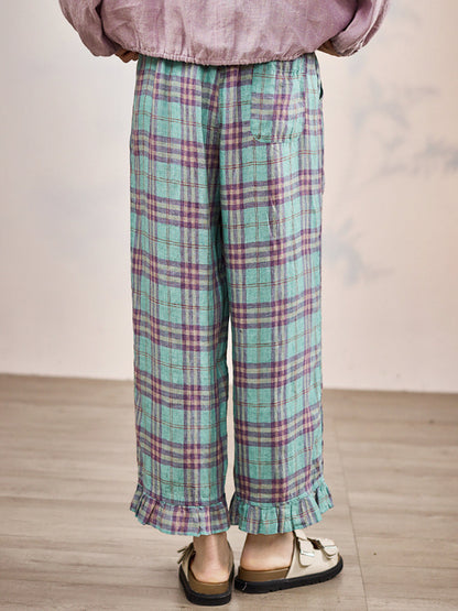 Artsy Pants Straight Women Summer Plaid 100%Linen FashionChic