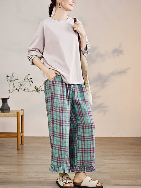 Artsy Pants Straight Women Summer Plaid 100%Linen FashionChic