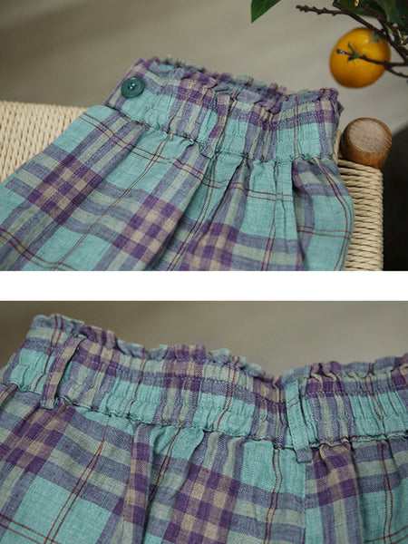 Artsy Pants Straight Women Summer Plaid 100%Linen FashionChic