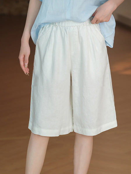 Women Casual Color 100%Linen Pure Fifth Summer Pants FashionChic