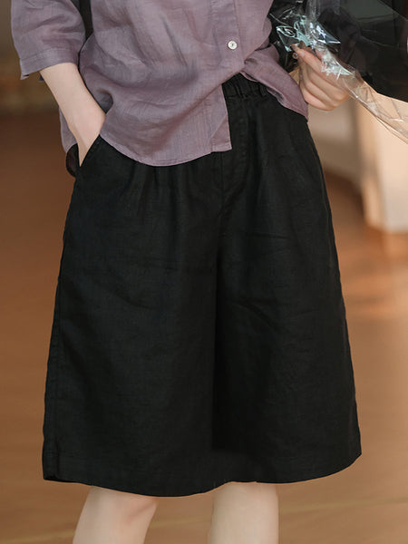 Women Casual Color 100%Linen Pure Fifth Summer Pants FashionChic