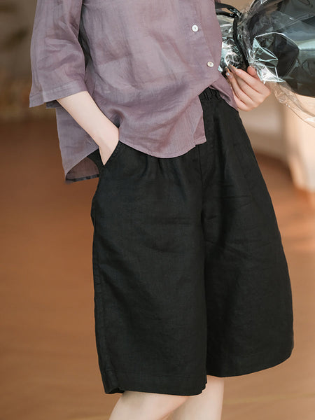 Women Casual Color 100%Linen Pure Fifth Summer Pants FashionChic