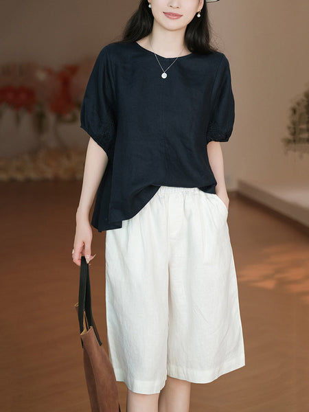 Women Casual Color 100%Linen Pure Fifth Summer Pants FashionChic