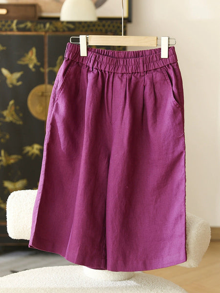 Women Casual Color 100%Linen Pure Fifth Summer Pants FashionChic