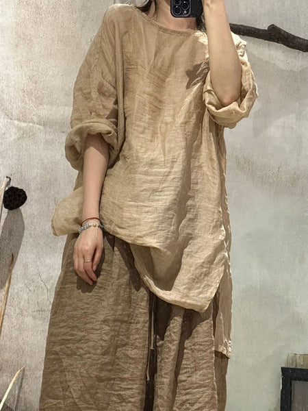 Women Artsy Shirt Ramie Summer O-Neck Pure Color FashionChic