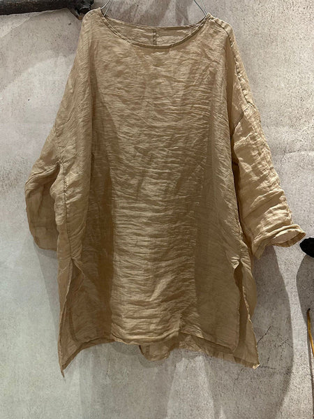 Women Artsy Shirt Ramie Summer O-Neck Pure Color FashionChic