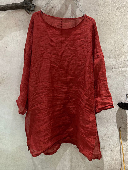 Women Artsy Shirt Ramie Summer O-Neck Pure Color FashionChic