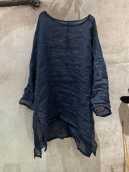 Women Artsy Shirt Ramie Summer O-Neck Pure Color FashionChic