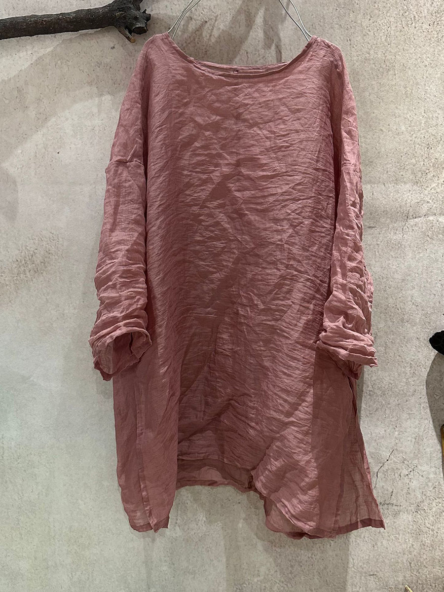 Women Artsy Shirt Ramie Summer O-Neck Pure Color FashionChic