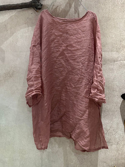 Women Artsy Shirt Ramie Summer O-Neck Pure Color FashionChic