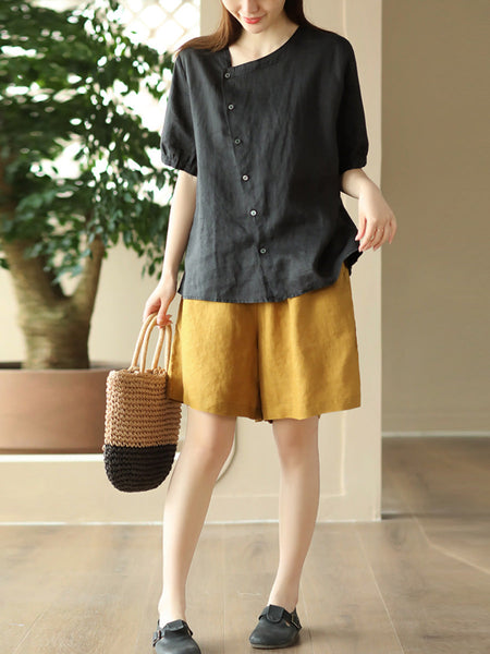 Thin Color Women Summer Shirt Pure Casual O-Neck FashionChic