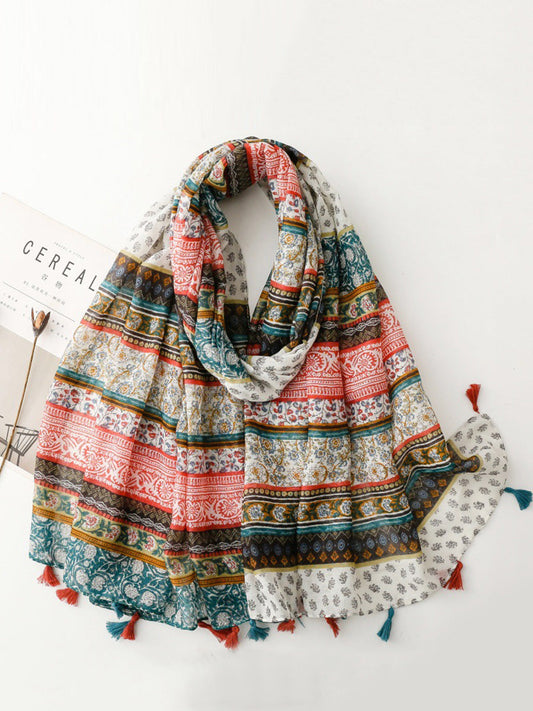 Bohemia Women Shawl Scarf Spliced Floral Tassel FashionChic