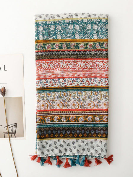 Bohemia Women Shawl Scarf Spliced Floral Tassel FashionChic