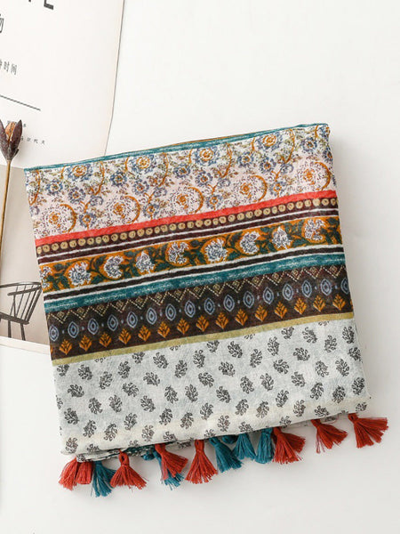 Bohemia Women Shawl Scarf Spliced Floral Tassel FashionChic