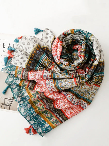 Bohemia Women Shawl Scarf Spliced Floral Tassel FashionChic