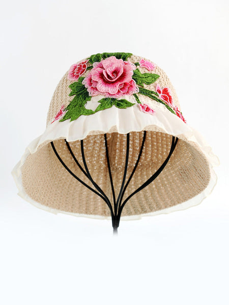 Flower Lace Spliced Women Sunproof Embroidery Ethnic Hat FashionChic