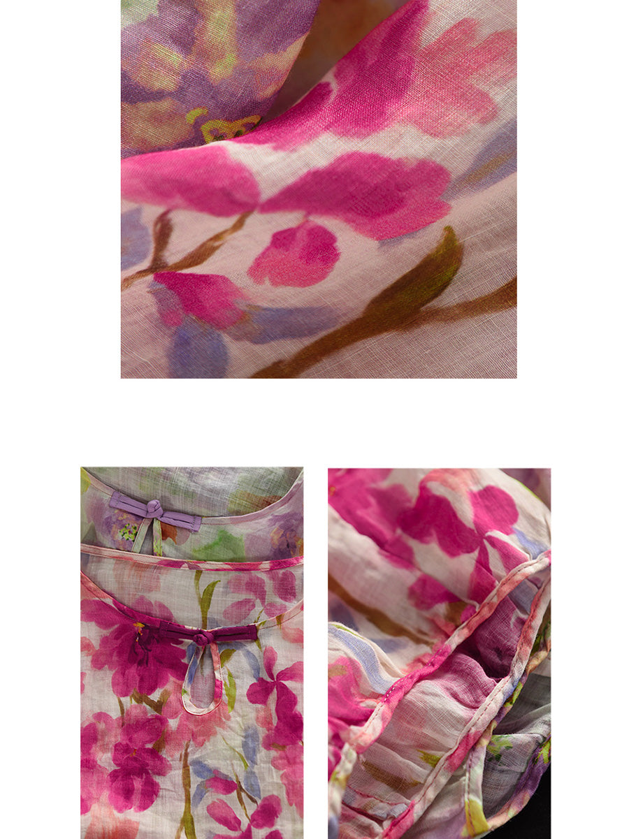 Flower Summer Shirt 100%Ramie O-Neck Artsy Women FashionChic