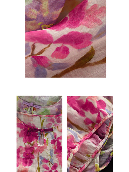 Flower Summer Shirt 100%Ramie O-Neck Artsy Women FashionChic