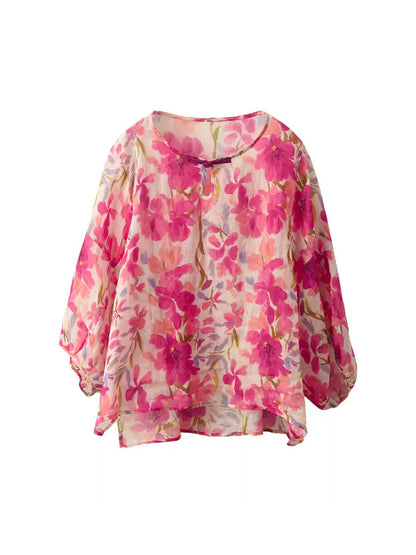 Flower Summer Shirt 100%Ramie O-Neck Artsy Women FashionChic