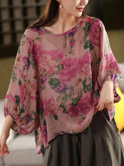 Flower Summer Shirt 100%Ramie O-Neck Artsy Women FashionChic