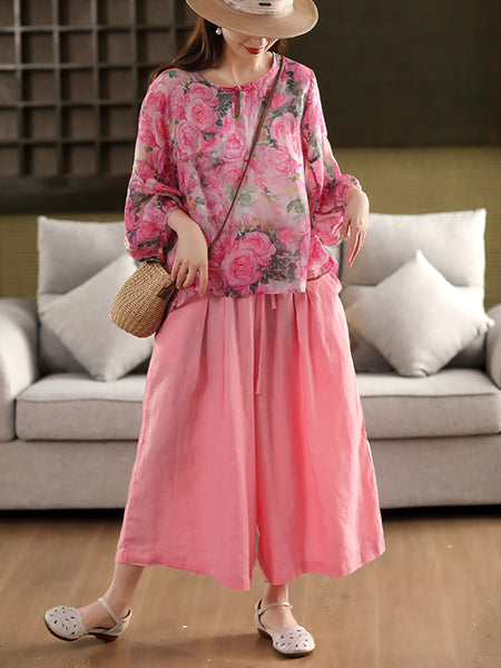 Flower Summer Shirt 100%Ramie O-Neck Artsy Women FashionChic