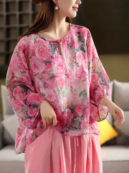 Flower Summer Shirt 100%Ramie O-Neck Artsy Women FashionChic