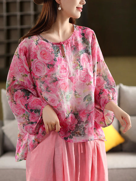 Flower Summer Shirt 100%Ramie O-Neck Artsy Women FashionChic