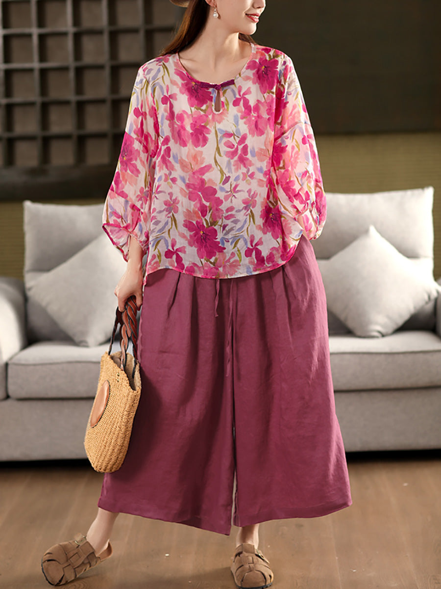 Flower Summer Shirt 100%Ramie O-Neck Artsy Women FashionChic