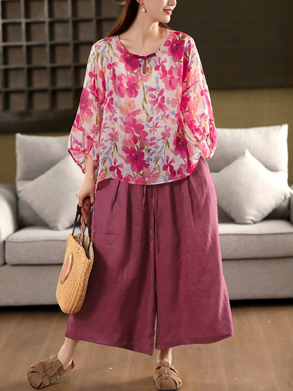 Flower Summer Shirt 100%Ramie O-Neck Artsy Women FashionChic