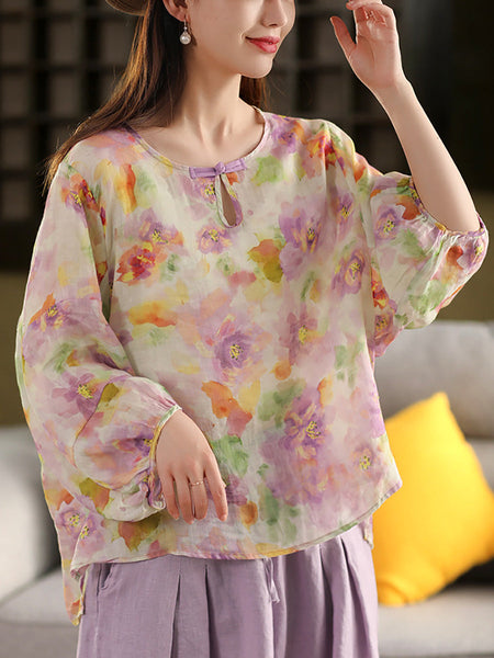 Flower Summer Shirt 100%Ramie O-Neck Artsy Women FashionChic