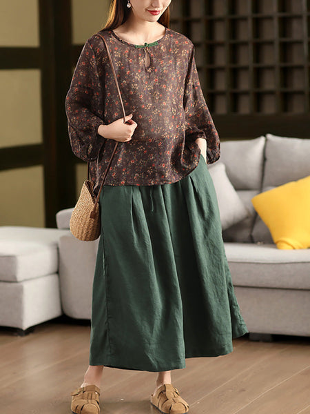 Flower Summer Shirt 100%Ramie O-Neck Artsy Women FashionChic