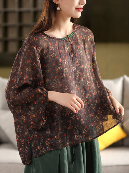 Flower Summer Shirt 100%Ramie O-Neck Artsy Women FashionChic