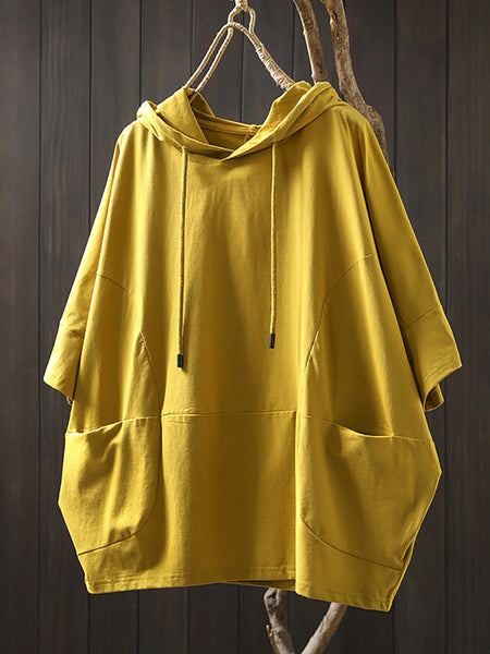 Shirt Women Summer Casual 100%Cotton Pure Color Hooded FashionChic