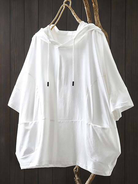 Shirt Women Summer Casual 100%Cotton Pure Color Hooded FashionChic