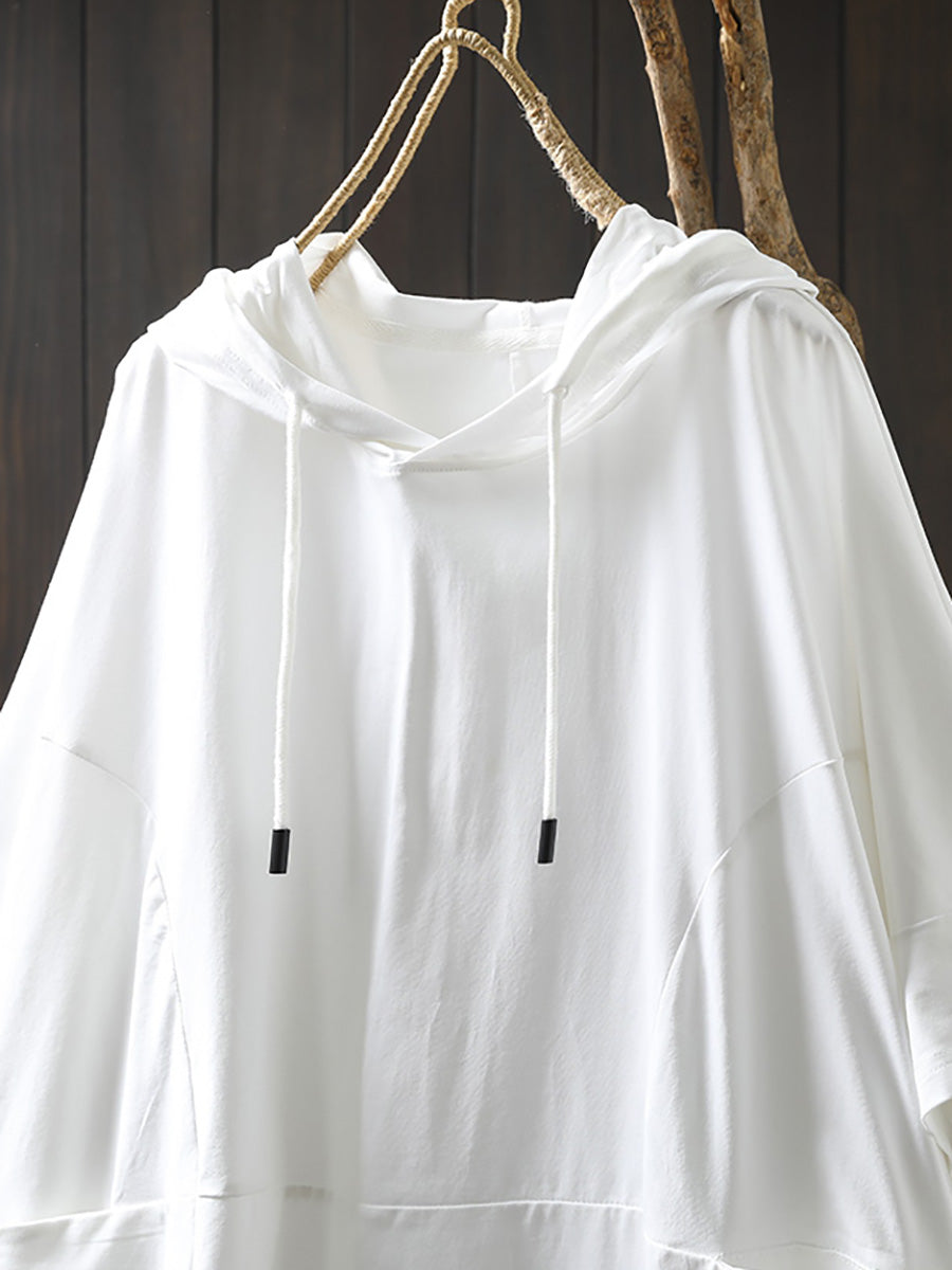 Shirt Women Summer Casual 100%Cotton Pure Color Hooded FashionChic