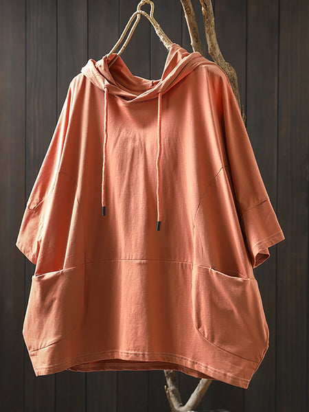 Shirt Women Summer Casual 100%Cotton Pure Color Hooded FashionChic