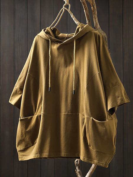 Shirt Women Summer Casual 100%Cotton Pure Color Hooded FashionChic