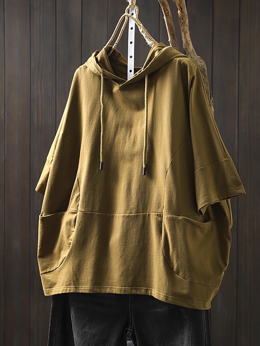 Shirt Women Summer Casual 100%Cotton Pure Color Hooded FashionChic