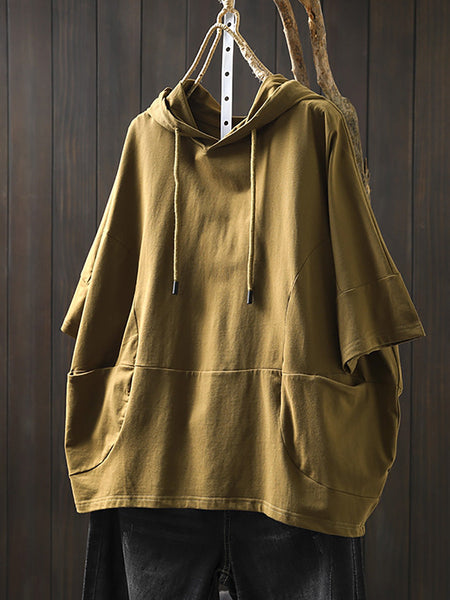 Shirt Women Summer Casual 100%Cotton Pure Color Hooded FashionChic