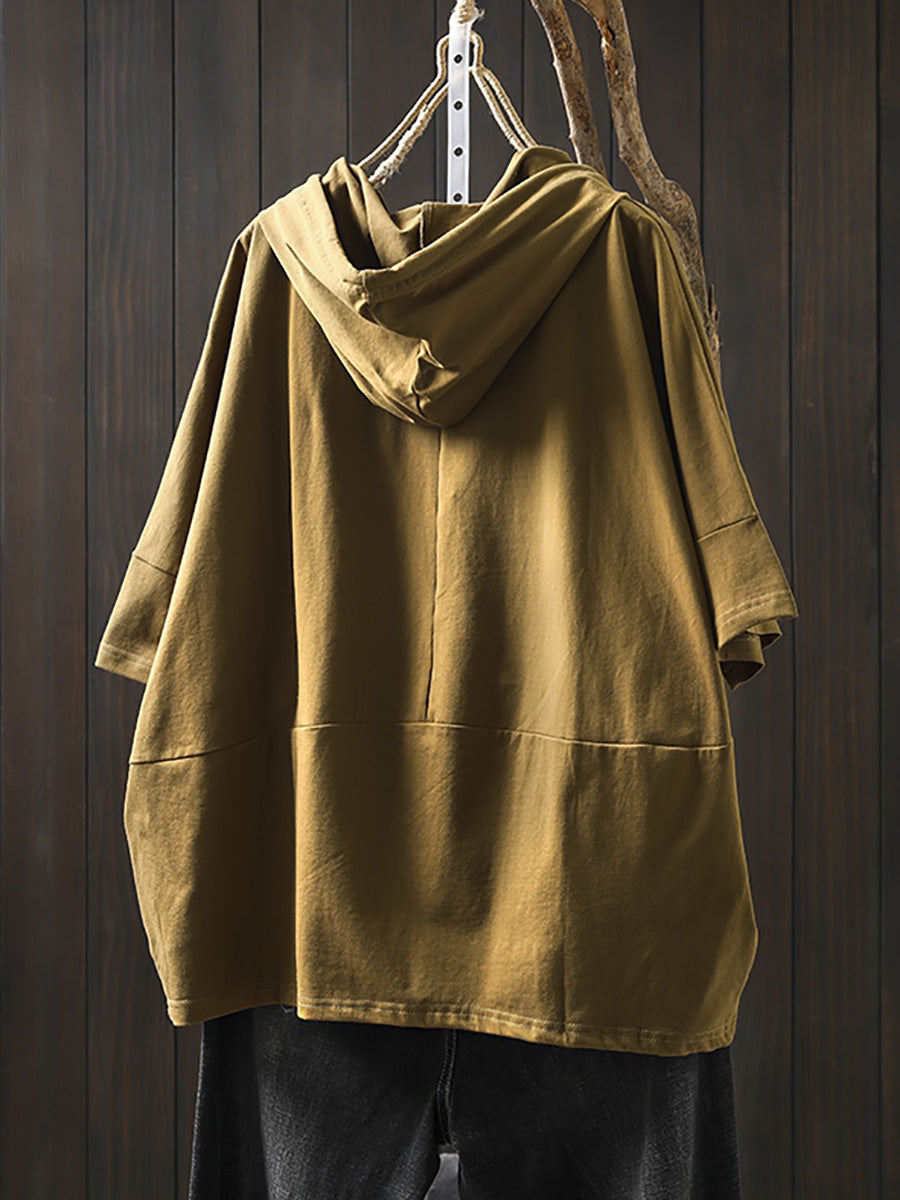 Shirt Women Summer Casual 100%Cotton Pure Color Hooded FashionChic