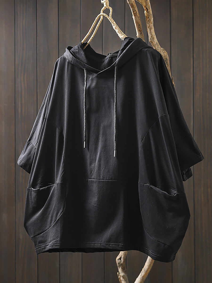 Shirt Women Summer Casual 100%Cotton Pure Color Hooded FashionChic