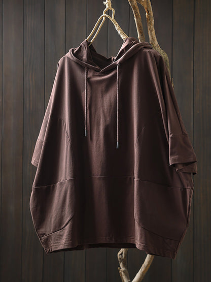 Shirt Women Summer Casual 100%Cotton Pure Color Hooded FashionChic